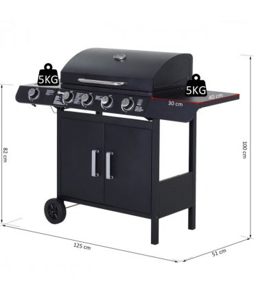 4 Gas BBQ Grill with Wheels, Steel-Black