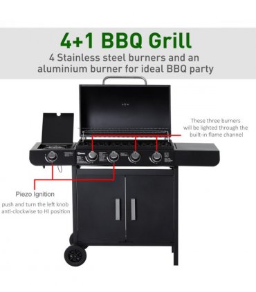4 Gas BBQ Grill with Wheels, Steel-Black