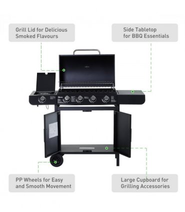 4 Gas BBQ Grill with Wheels, Steel-Black