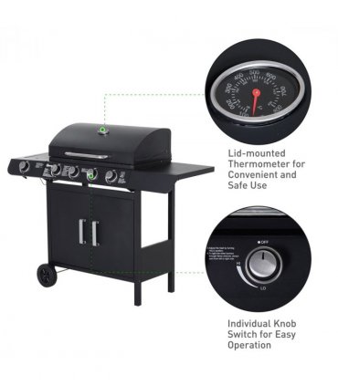 4 Gas BBQ Grill with Wheels, Steel-Black