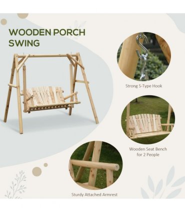 Outdoor 2 Seater Porch Swing Wooden Rustic Patio Bench Hammock w/ Armrest