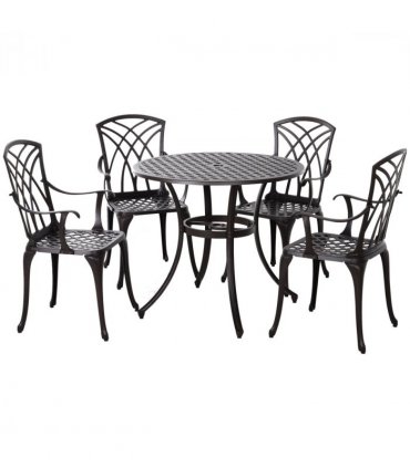 Cast Aluminium 4-Seater Outdoor Garden Table & Chair Set Brown