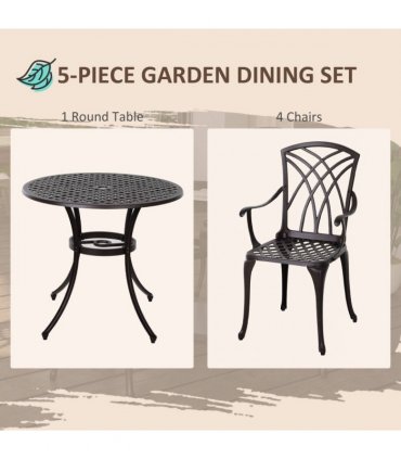 Cast Aluminium 4-Seater Outdoor Garden Table & Chair Set Brown