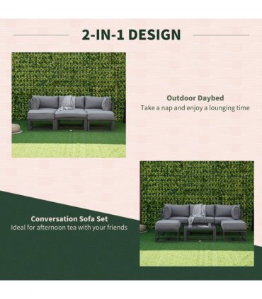 Daybed 6 Piece Sectional Sofa Set, & Coffee Table, Footstool & Cushions, Grey