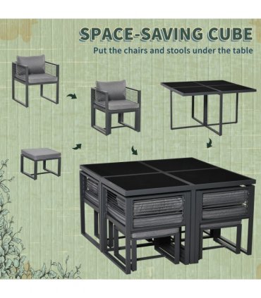 8 Seater Dining Cube Set  Dining Table, 4 Chairs & 4 Footstools & Cushion, Grey