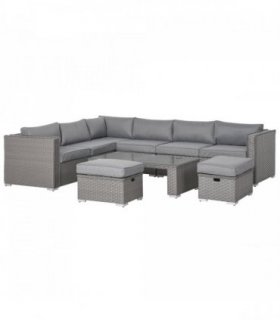 6 PCs PE Rattan Wicker Corner Sofa Set Coffee Table Footstool w/ Cushion - Grey