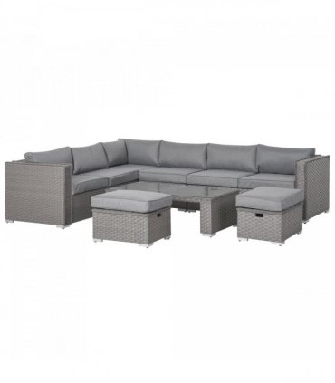 6 PCs PE Rattan Wicker Corner Sofa Set Coffee Table Footstool w/ Cushion - Grey