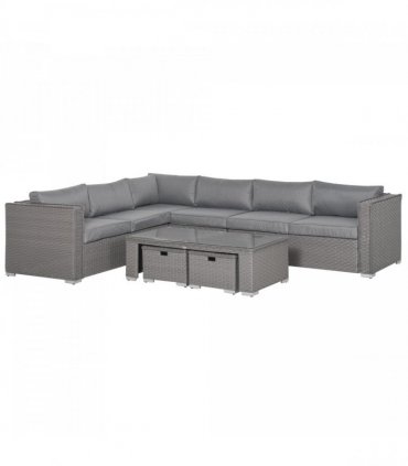 6 PCs PE Rattan Wicker Corner Sofa Set Coffee Table Footstool w/ Cushion - Grey