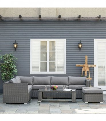 6 PCs PE Rattan Wicker Corner Sofa Set Coffee Table Footstool w/ Cushion - Grey
