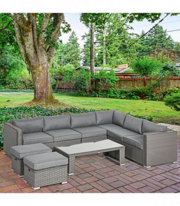 6 PCs PE Rattan Wicker Corner Sofa Set Coffee Table Footstool w/ Cushion - Grey