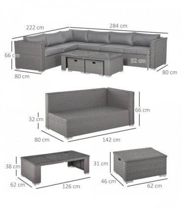 6 PCs PE Rattan Wicker Corner Sofa Set Coffee Table Footstool w/ Cushion - Grey