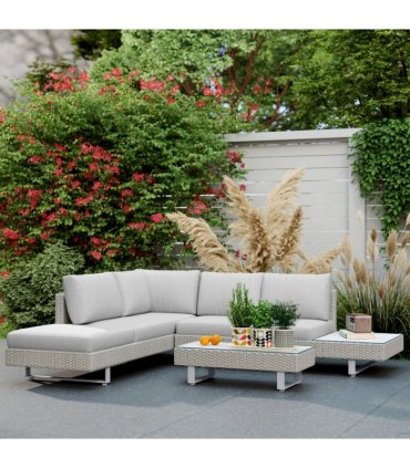 3pc Rattan Sofa Set Lounge Furniture Tea Table, Side Table & Cushioned Grey