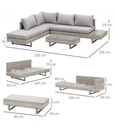3pc Rattan Sofa Set Lounge Furniture Tea Table, Side Table & Cushioned Grey