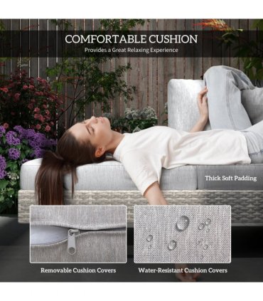 3pc Rattan Sofa Set Lounge Furniture Tea Table, Side Table & Cushioned Grey