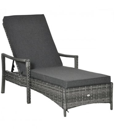 Rattan Single Sun Lounger Reclining Chair 4 Adjustable Backrest & Cushion Grey