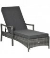 Rattan Single Sun Lounger Reclining Chair 4 Adjustable Backrest & Cushion Grey