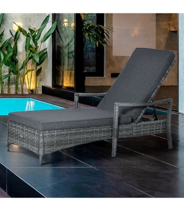 Rattan Single Sun Lounger Reclining Chair 4 Adjustable Backrest & Cushion Grey