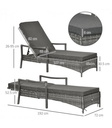 Rattan Single Sun Lounger Reclining Chair 4 Adjustable Backrest & Cushion Grey
