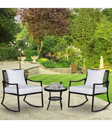3 PCS Rocking Chair Bistro Set-Brown/Cream White