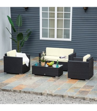 4 Pieces Rattan Sofa Set, Steel-Black