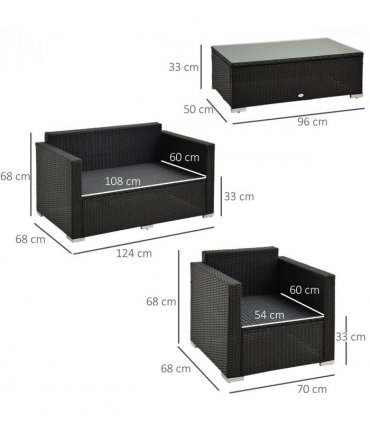 4 Pieces Rattan Sofa Set, Steel-Black