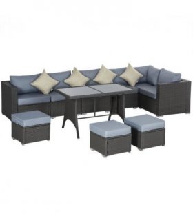 10 Pcs Rattan Sofa Set-Grey/Dusty Blue Cushion