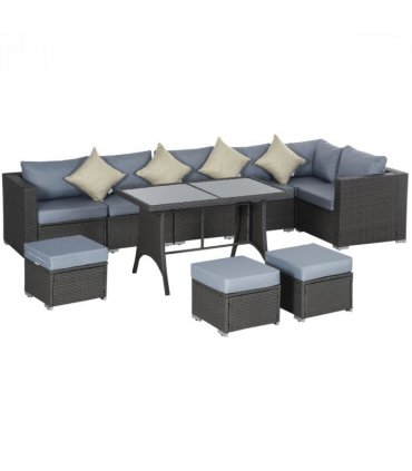 10 Pcs Rattan Sofa Set-Grey/Dusty Blue Cushion