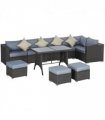 10 Pcs Rattan Sofa Set-Grey/Dusty Blue Cushion