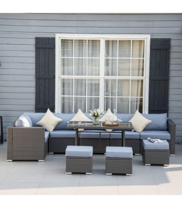 10 Pcs Rattan Sofa Set-Grey/Dusty Blue Cushion