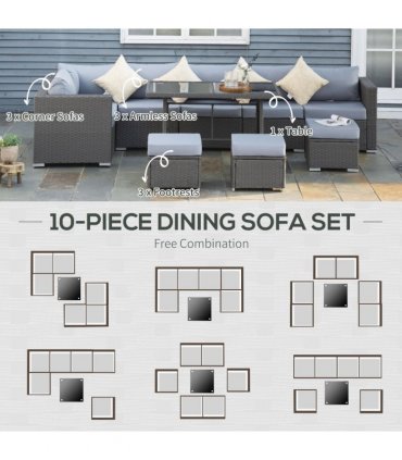 10 Pcs Rattan Sofa Set-Grey/Dusty Blue Cushion
