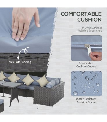 10 Pcs Rattan Sofa Set-Grey/Dusty Blue Cushion