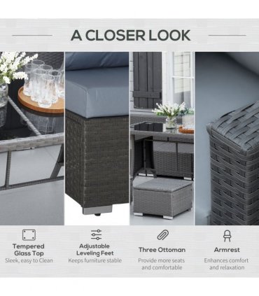 10 Pcs Rattan Sofa Set-Grey/Dusty Blue Cushion
