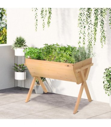 Large Fir Wood Raised Plant Stand Oak Tone