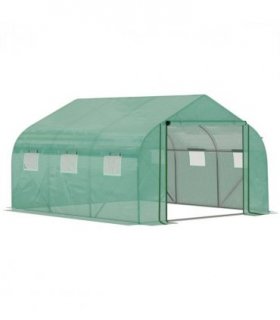 Walk-in Garden Greenhouse Zippered Roll Up Door & 6 Windows, 3.5 x 3 x 2m, Green