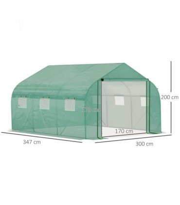 Walk-in Garden Greenhouse Zippered Roll Up Door & 6 Windows, 3.5 x 3 x 2m, Green