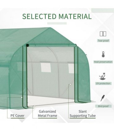 Walk-in Garden Greenhouse Zippered Roll Up Door & 6 Windows, 3.5 x 3 x 2m, Green