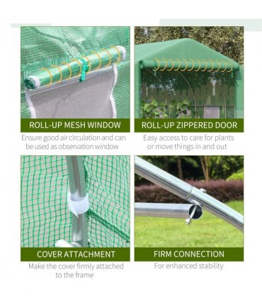 Walk-in Garden Greenhouse Zippered Roll Up Door & 6 Windows, 3.5 x 3 x 2m, Green