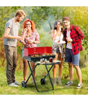 Foldable Charcoal Barbecue Grill W/ Wheels-Red & Black
