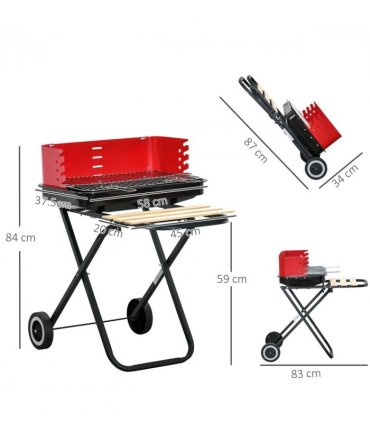 Foldable Charcoal Barbecue Grill W/ Wheels-Red & Black