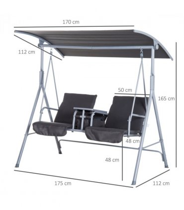 Steel Frame 2-Seater  Swing Chair w/ Table Grey