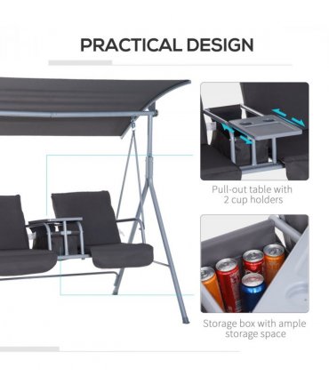 Steel Frame 2-Seater  Swing Chair w/ Table Grey