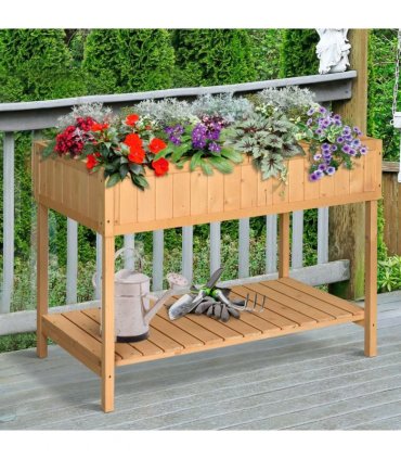 Fir Wood Raised Rectangular 8 Compartment Plant Stand Oak Tone