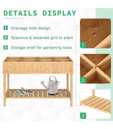 Fir Wood Raised Rectangular 8 Compartment Plant Stand Oak Tone