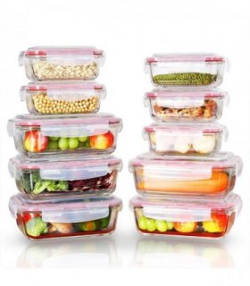 Vinsani Glass Food Storage 10-Pack Containers Rectangle Food Meal Prep Lunch Boxes with Lids Airtight Heat Resistant Leakproof Lid BPA-Free Dishwasher Microwave Oven Freezer Safe