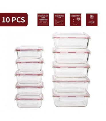Vinsani Glass Food Storage 10-Pack Containers Rectangle Food Meal Prep Lunch Boxes with Lids Airtight Heat Resistant Leakproof Lid BPA-Free Dishwasher Microwave Oven Freezer Safe