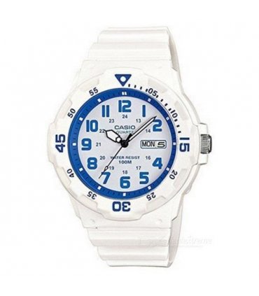Casio Mens Day Date Blue Dial & White Rubber Strap Watch - MRW-200HC-7B2VDF