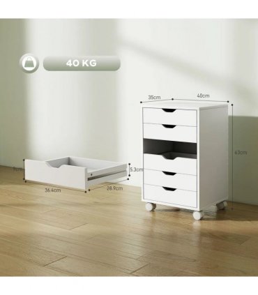 HOMCOM 6 Drawer Vertical File Cabinet, Mobile Filing Cabinet with Quiet Drawers and Wheels with 2 Brakes, White