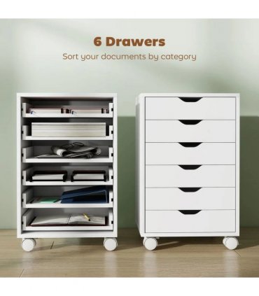 HOMCOM 6 Drawer Vertical File Cabinet, Mobile Filing Cabinet with Quiet Drawers and Wheels with 2 Brakes, White