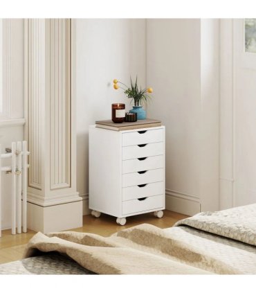 HOMCOM 6 Drawer Vertical File Cabinet, Mobile Filing Cabinet with Quiet Drawers and Wheels with 2 Brakes, White