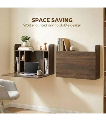 HOMCOM Wall Mounted Desk, Drop Leaf Floating Laptop Desk with Space Saving Storage Compartments for Home Office, Dark Brown